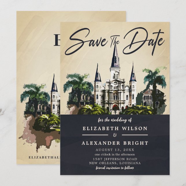 Invitation Nola Aquarelle Nouvelle Orléans Mariage Enregistre (Devant / Derrière)