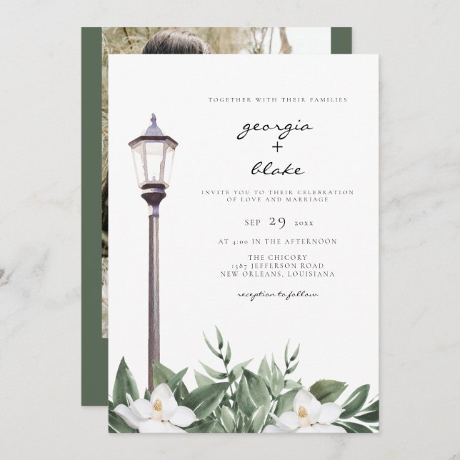Invitation NOLA | New Orleans Magnolia Bourbon Mariage de rue (Devant / Derrière)