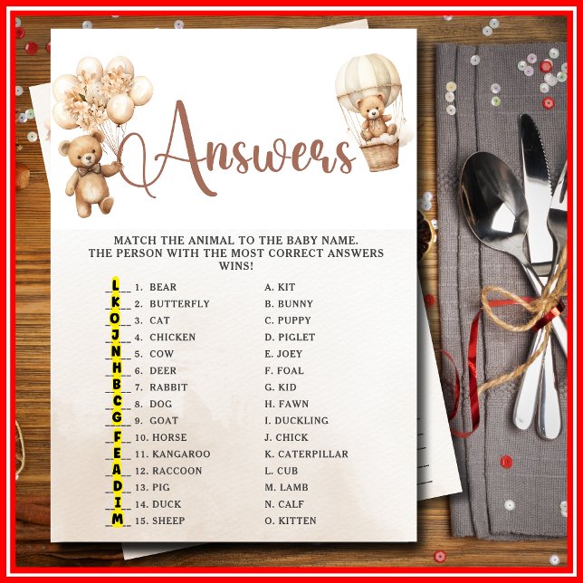 Invitation NOM BÉBÉ ANIMAUX Baby shower JEU MÊME Ours (Créateur téléchargé)