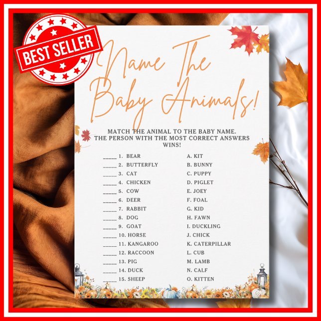 Invitation NOM BÉBÉ ANIMAUX Baby shower JEU MÊME Ours (NAME THE BABY ANIMALS Easy Baby Shower Game A Little Pumpkin is on the Way Fall Autumn Theme)