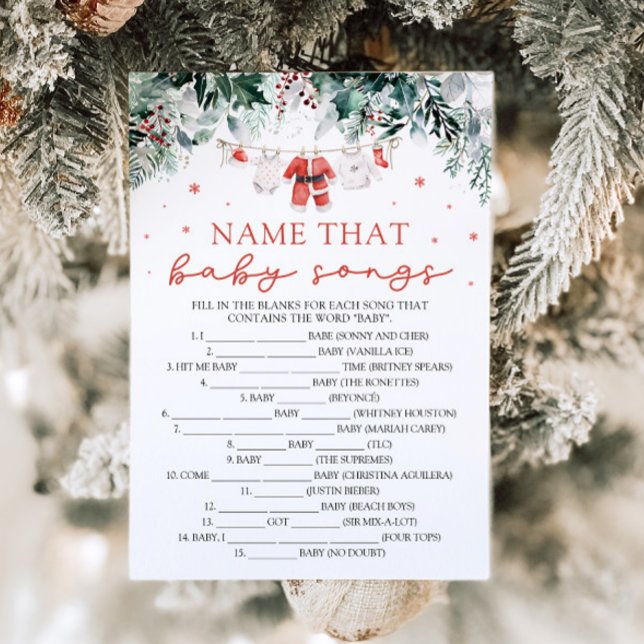 Invitation Nom de bébé de Noël rouge Jeu de baby shower Chans (Watercolor Cute Red Christmas Santa Name That Baby Song Baby Shower Game)