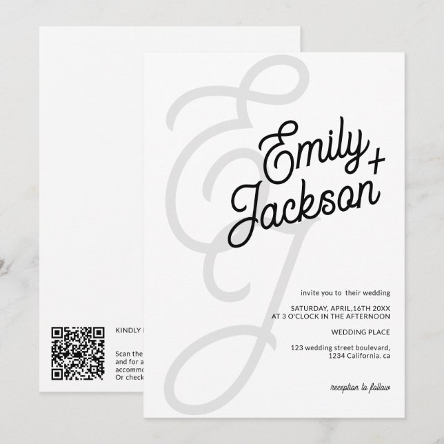 Invitation Nom de brosse monogramme en gras mariage de code q (Devant / Derrière)