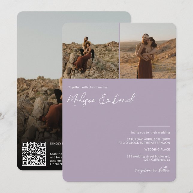Invitation Nom de script de lavande 3 photos code qr mariage (Devant / Derrière)