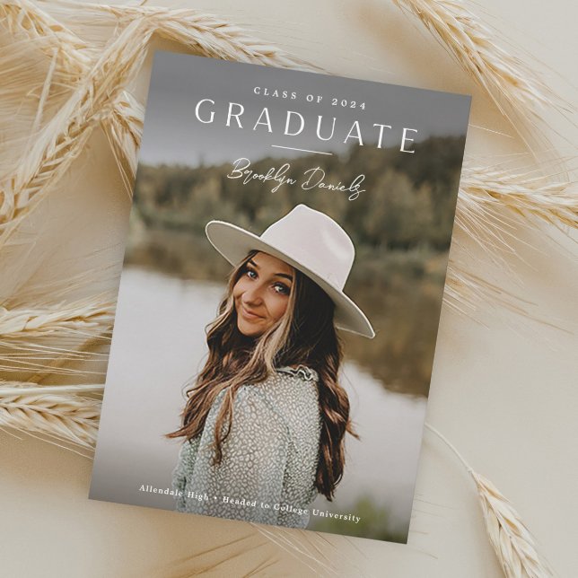 Invitation Nom de script élégant simple Photo Remise des dipl (Simple Typography Overlay with Script Name 2 Photo Graduation Announcement Invitations.)