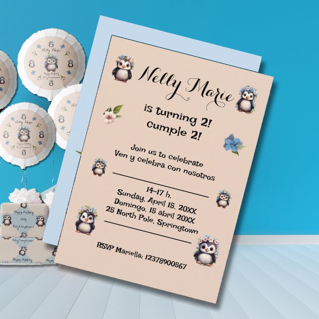 Invitation Nom des pingouins mignons Texte bilingue Espagnol- (Bilingual birthday invitation cute penguins. Multilingual Project. customizable and personalized)