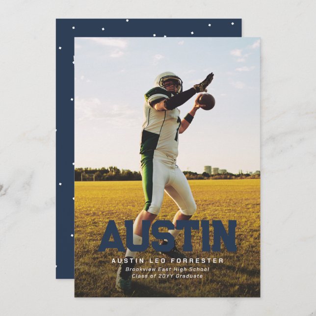 Invitation Nom gras marine bleu diplômé de la photo graduatio (Devant / Derrière)