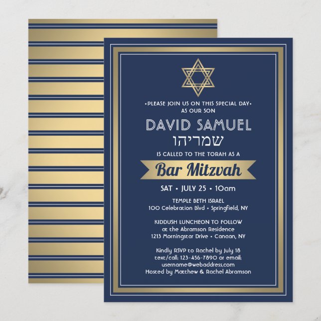Invitation Nom hébreu Bar Mitzvah Bleu Nuit Blanc & Or (Devant / Derrière)
