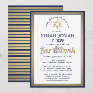 Invitation Nom hébreu Bar Mitzvah Elegant Gold White & Navy