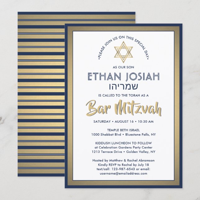 Invitation Nom hébreu Bar Mitzvah Elegant Gold White & Navy (Devant / Derrière)