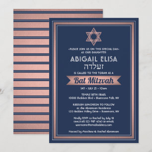 Invitation Nom hébreu Bat mitzvah Marine bleu rose rose or