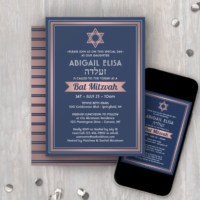 Invitation Nom hébreu Bat Mitzvah Navy Blue Rose Gold Rose (Créateur téléchargé)