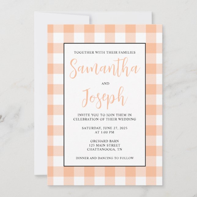 Invitation Nom moderne Peach En vichy Mariage campagnard (Devant)