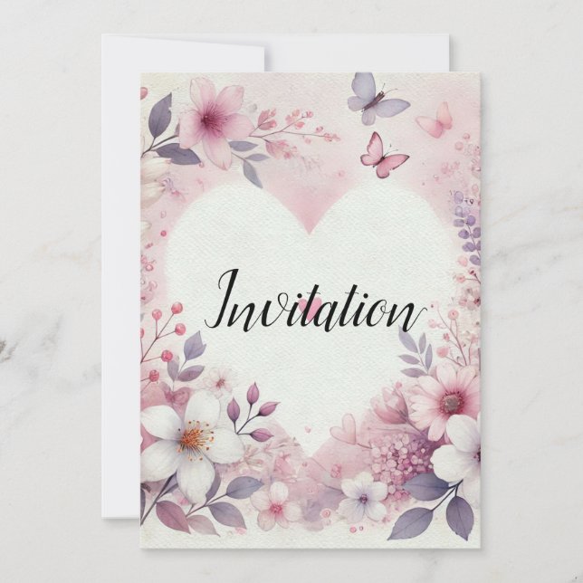 Invitation Nom monogramme cœurs floraux aquarelle romantique  (Devant)