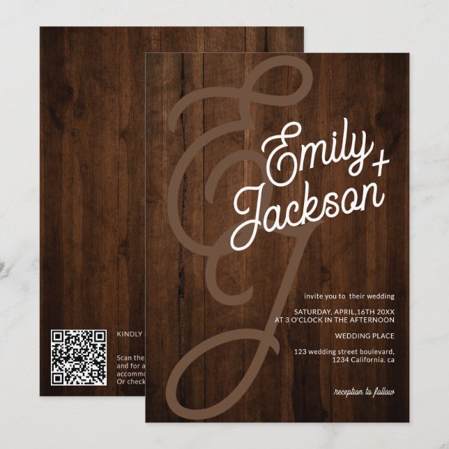 Invitation Nom monogramme gras bois rustique code qr mariage (Devant / Derrière)