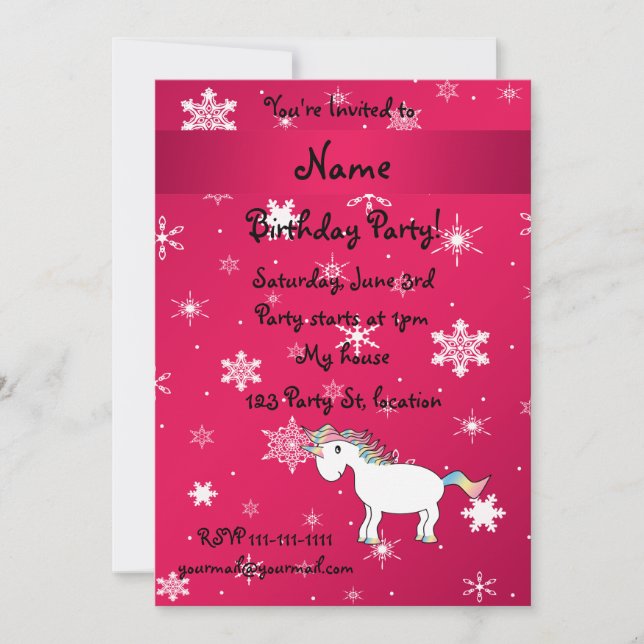 Invitation Nom personnalisé flocon de neige rose licorne (Devant)