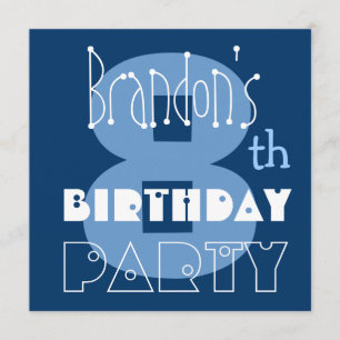 Invitation Nom personnalisé Modern Kid's 8th Birthday Blue