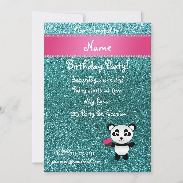 Invitation Nom personnalisé panda cupcake parties scintillant (Devant)