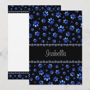 Invitation Nom personnalisé, pattes de chien pailletées bleue