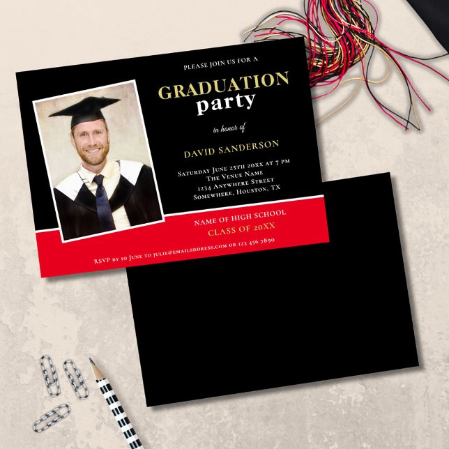 Invitation Nom photo moderne Gold Black Red Grad Party (front and back view)