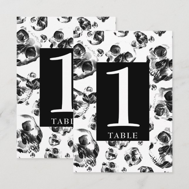 Invitation Nombres de table Crâne de squelette noir et blanc (Devant / Derrière)