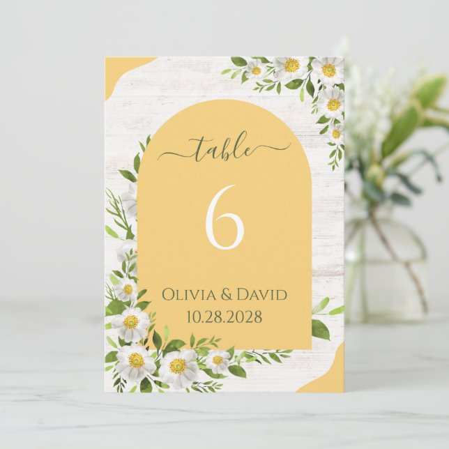 Invitation Nombres de table floraux boho jaune blanc (Debout devant)