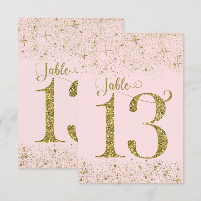 Invitation Nombres de table Pailletés Rose Doré Numéro 13 (Devant / Derrière)