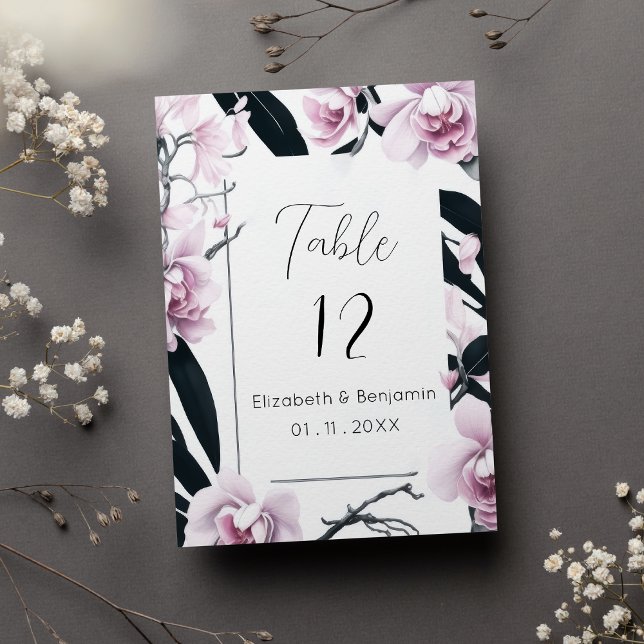 Invitation Nombres de tables fleurs d'orchidée noire rose aqu (Watercolor pink black orchid flowers Table Numbers)