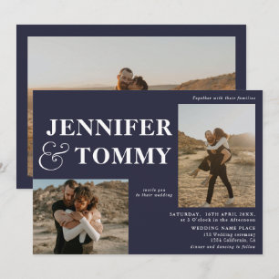 Invitation Noms audacieux boho 3 photos mariage bleu marine
