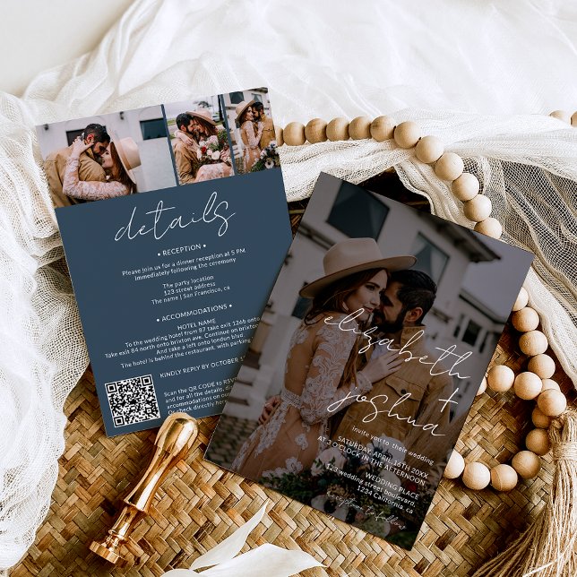 Invitation Noms calligraphie bleu 4 photo tout en un mariage (Names calligraphy dusty blue  4 photos all in one wedding invitation)