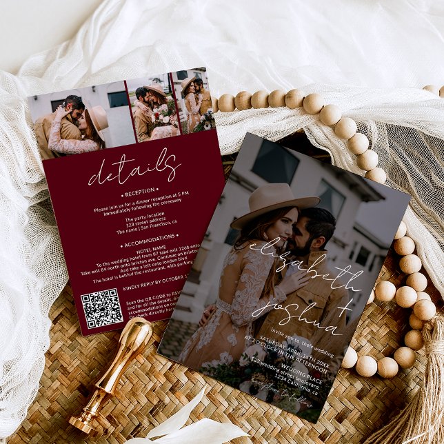 Invitation Noms calligraphie rouge 4 photo tout en un mariage (Names calligraphy red burgundy  4 photos all in one wedding invitation)