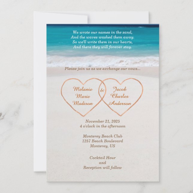 Invitation Noms dans les coeurs sur la plage Mariage Invitati (Devant)