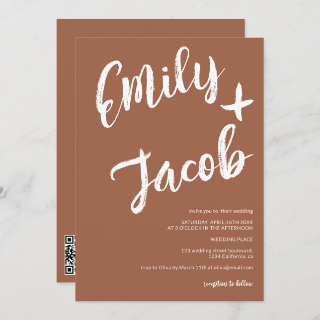 Invitation Noms de brosse moderne terracotta qr code mariage (Devant / Derrière)