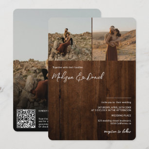 Invitation Noms de script en bois rustique 3 photos code QR m