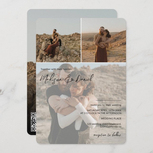 Invitation Noms de script modernes 4 photos code qr mariage (Devant / Derrière)