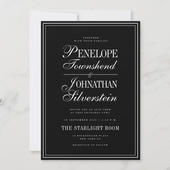 Invitation Noms de script Serif Noir Blanc gothique Mariage (Devant)