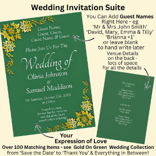 Invitation Noms des invités, mariage vert émeraude et or 