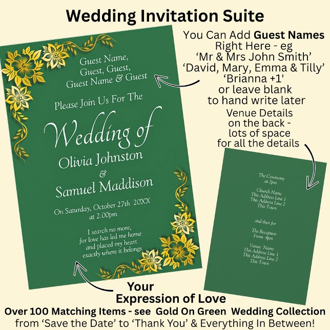Invitation Noms des invités, mariage vert émeraude et or  (Créateur téléchargé)