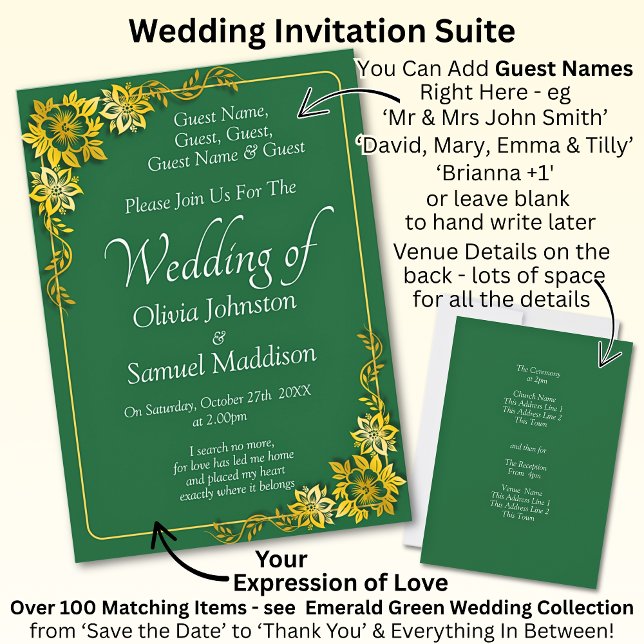 Invitation Noms des invités, mariage vert émeraude et or (Créateur téléchargé)