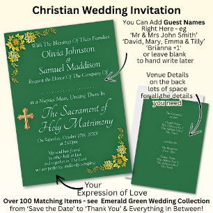 Invitation Noms des invités, vert émeraude chrétien et or