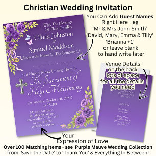 Invitation Noms d'hôtes, Christian Purple Fleurs Mauve Blanc