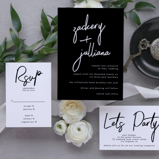 Invitation NOMS Élégants | Mariage noir et blanc moderne (Invitation showcasing suite - additional items (bought separately))