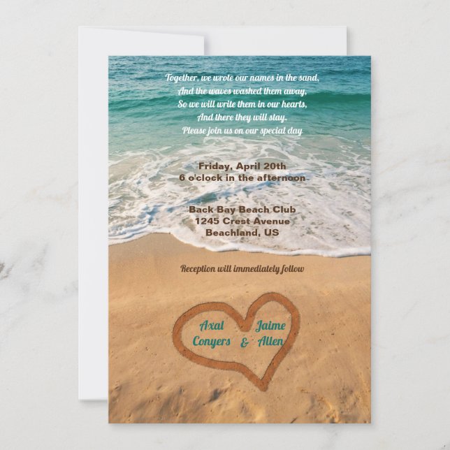 Invitation Noms en coeur sur la plage Mariage (Devant)