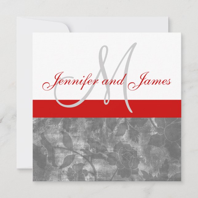Invitation Noms floraux des monogrammes gris-rouge (Devant)