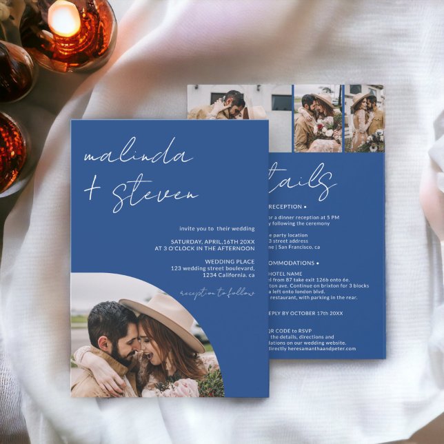 Invitation Noms script arc bleu 4 photo tout en 1 mariage (Names script arch blue 4 photo all in 1 wedding invitation)
