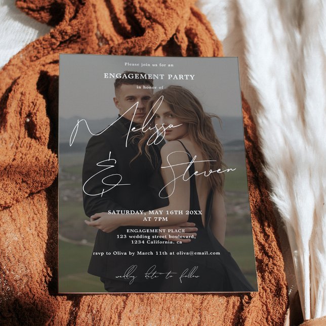 Invitation Noms script calligraphie blanc fiançailles photo (Names script calligraphy white engagement photo invitation)