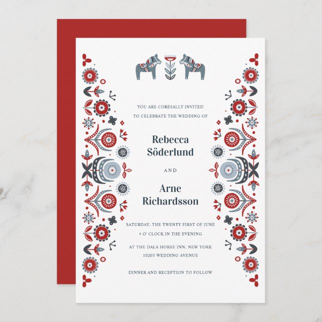 Invitation Nordic Folk Art Dala Horse Mariage scandinave (Devant / Derrière)
