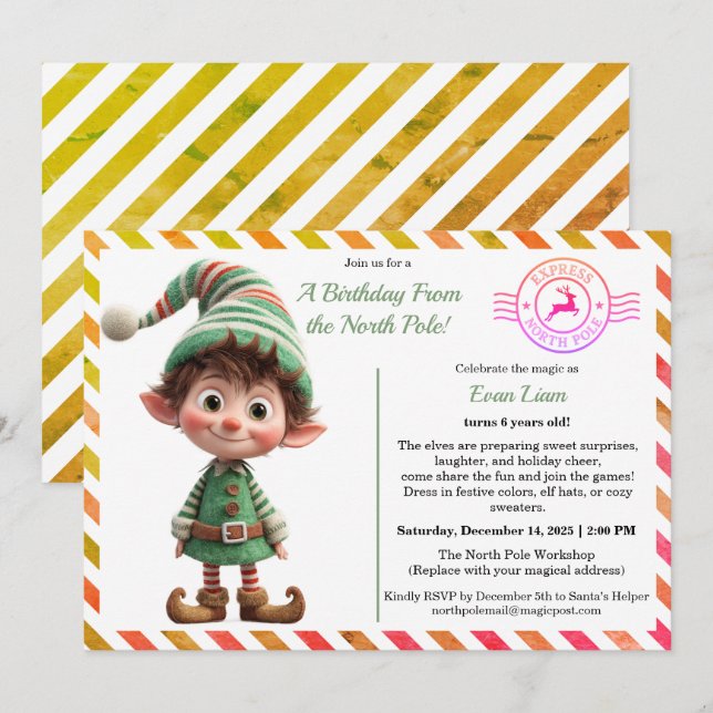 Invitation North Pole Birthday Magic | Enchanted Elf (Devant / Derrière)