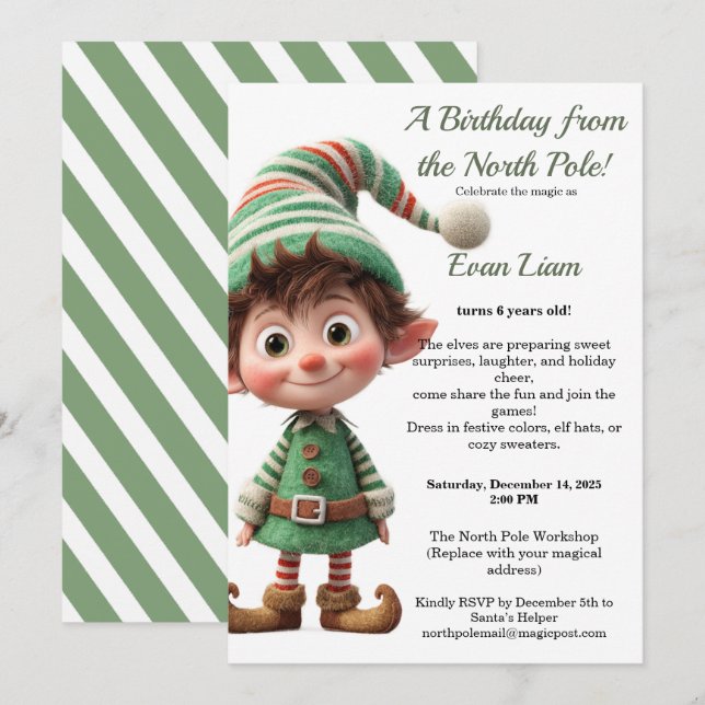 Invitation North Pole Birthday Magic | Enchanted Elf (Devant / Derrière)