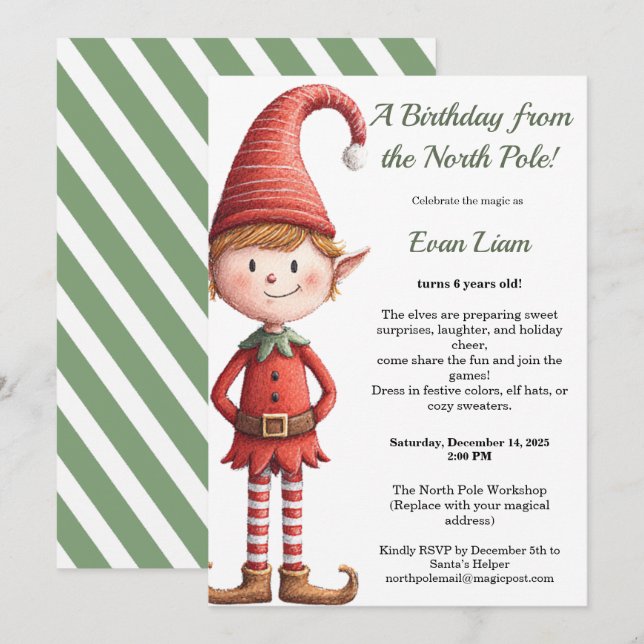 Invitation North Pole Birthday Magic | Enchanted Elf (Devant / Derrière)