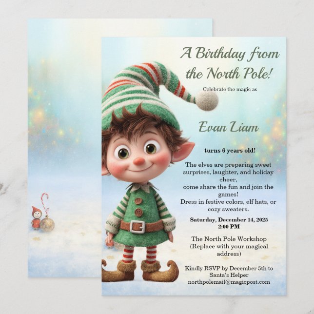 Invitation North Pole Birthday Magic | Enchanted Elf (Devant / Derrière)
